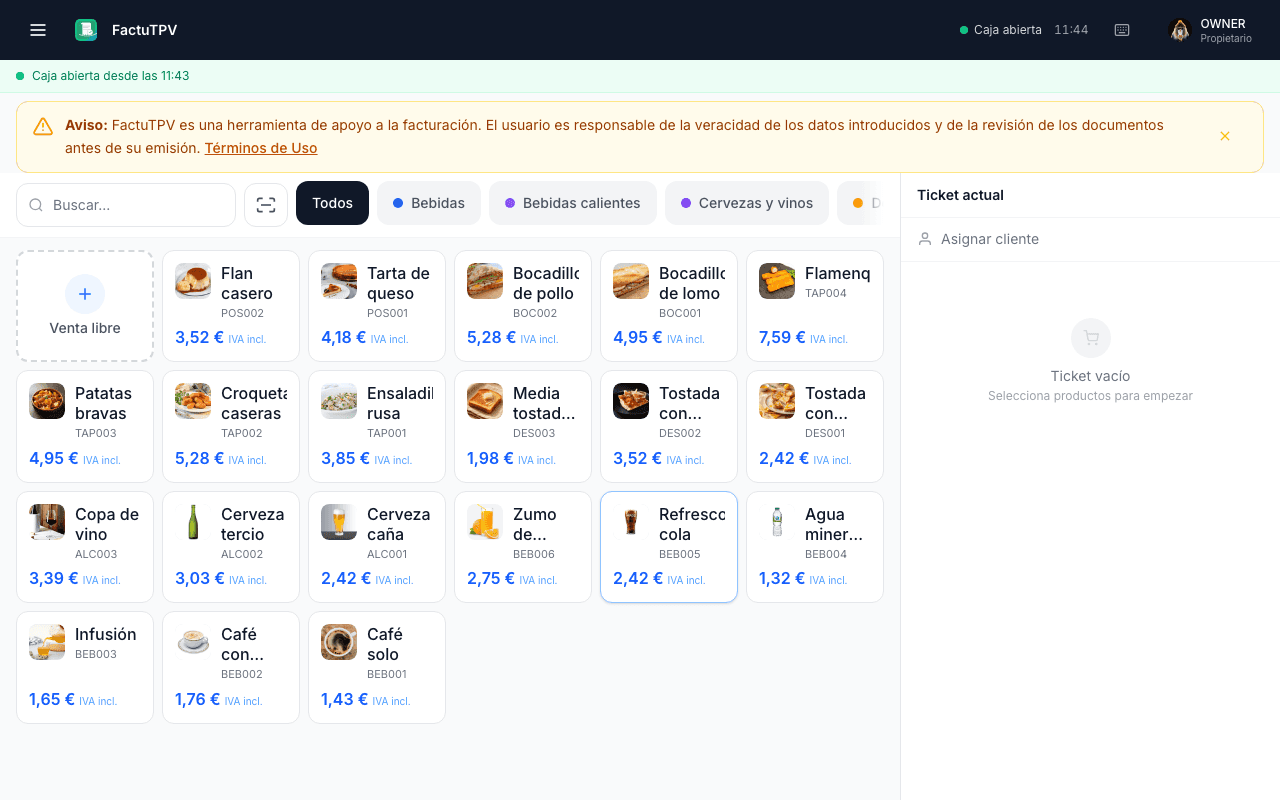 Punto de venta de FactuTPV adaptado para hostelería con categorías de productos