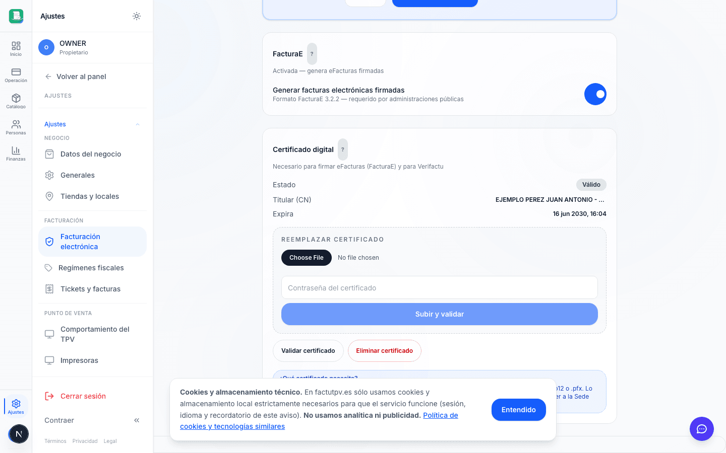 Certificado subido correctamente con badge Válido y datos del titular
