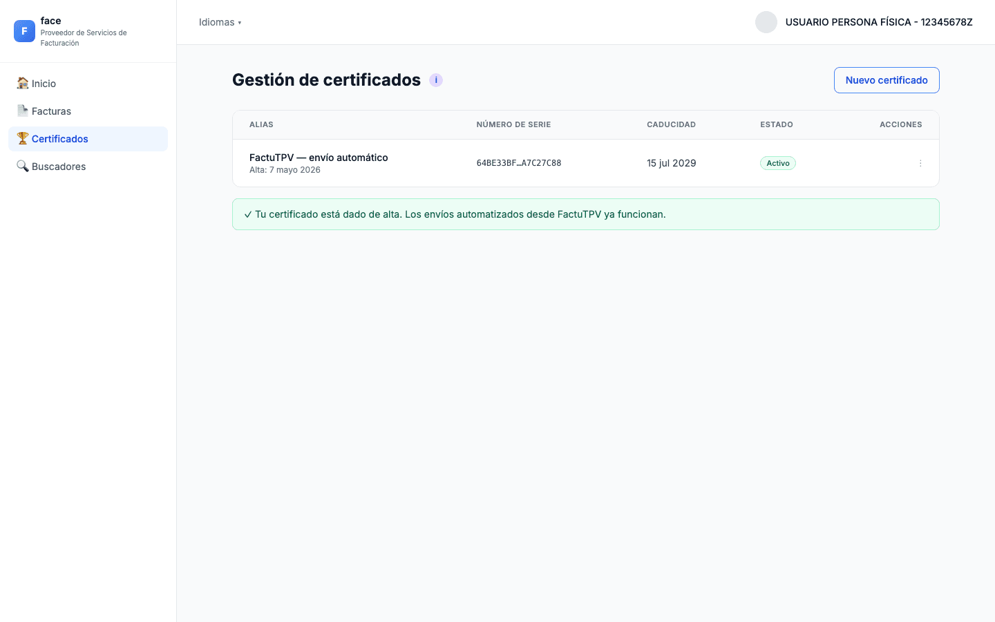 Lista de certificados activos tras el alta exitosa