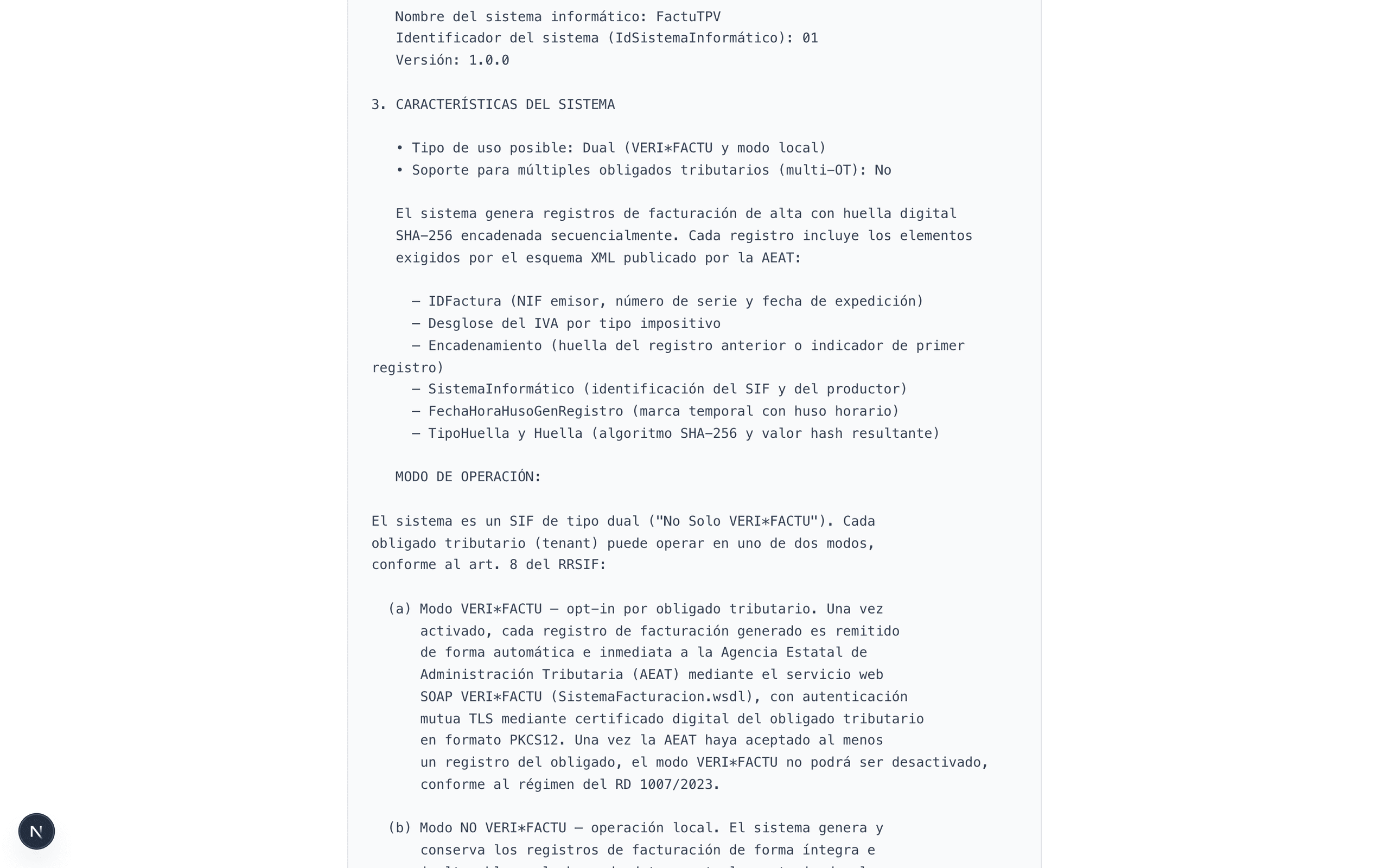 Detalle técnico del SIF: modo VeriFactu, algoritmo SHA-256, elementos del registro