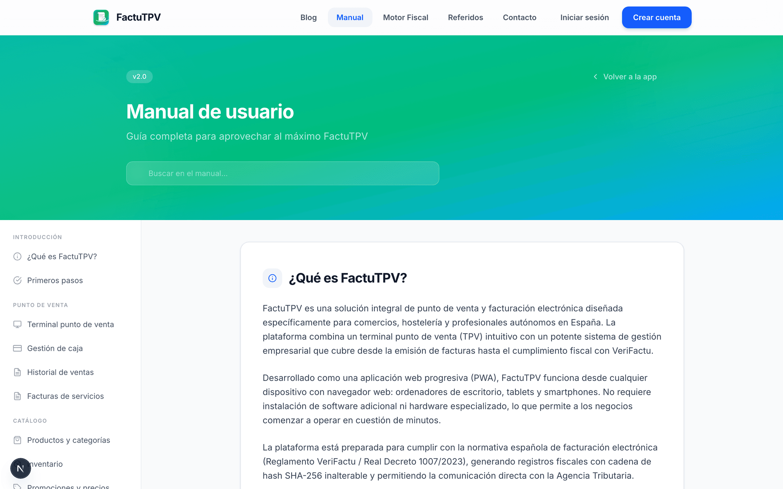 Manual de usuario de FactuTPV con índice lateral y buscador
