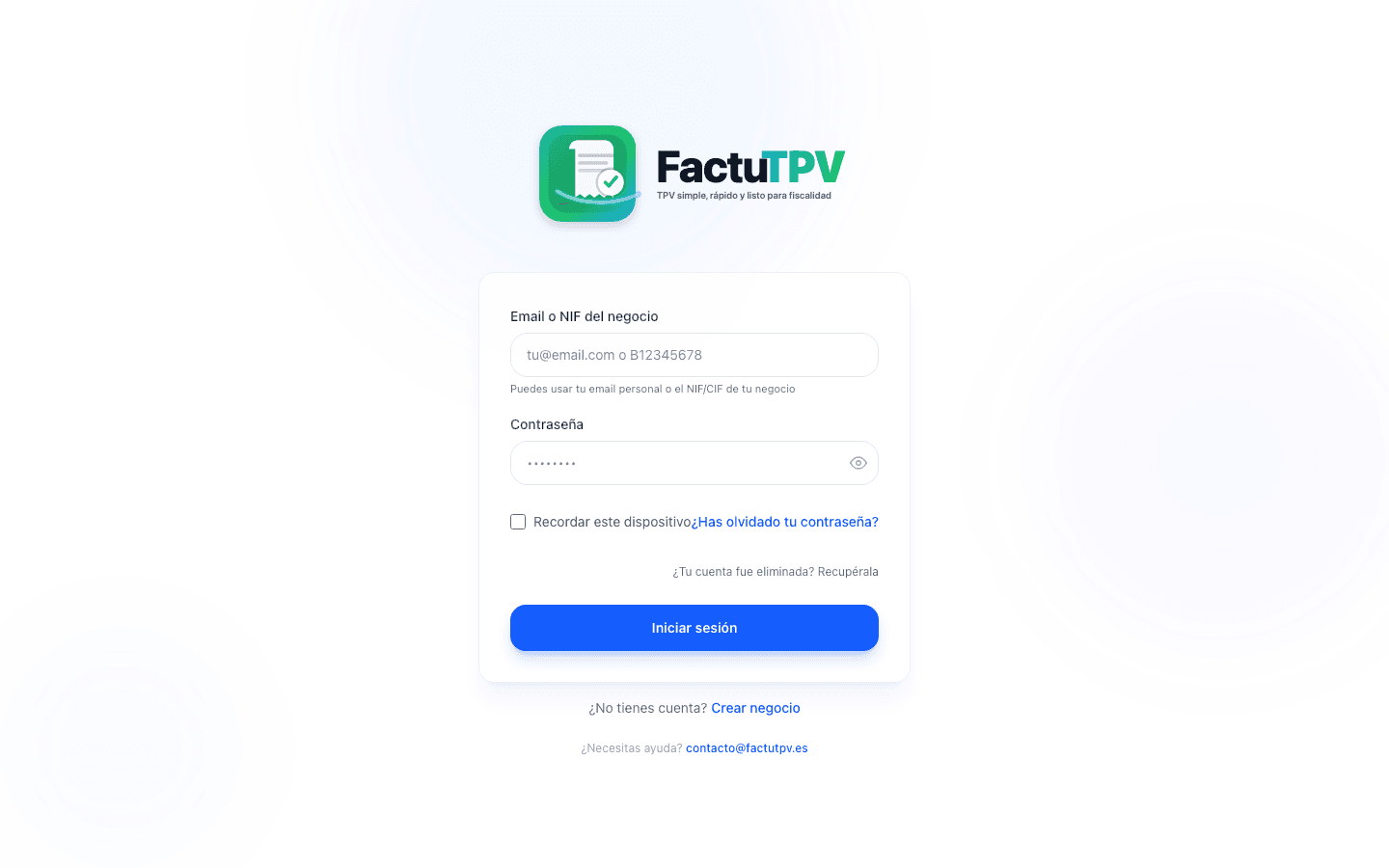 Pantalla de inicio de sesión de FactuTPV