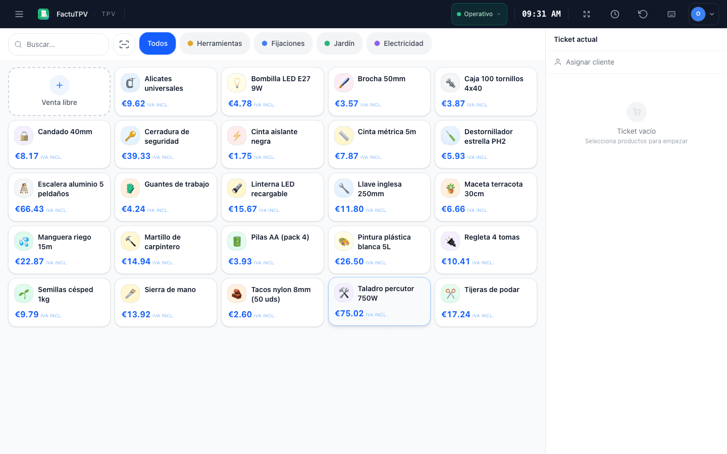 Punto de venta vacío de FactuTPV listo para configurar los primeros productos