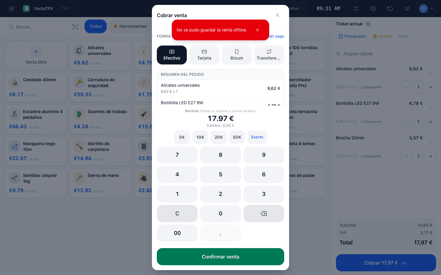 Venta completada en FactuTPV con factura VeriFactu generada