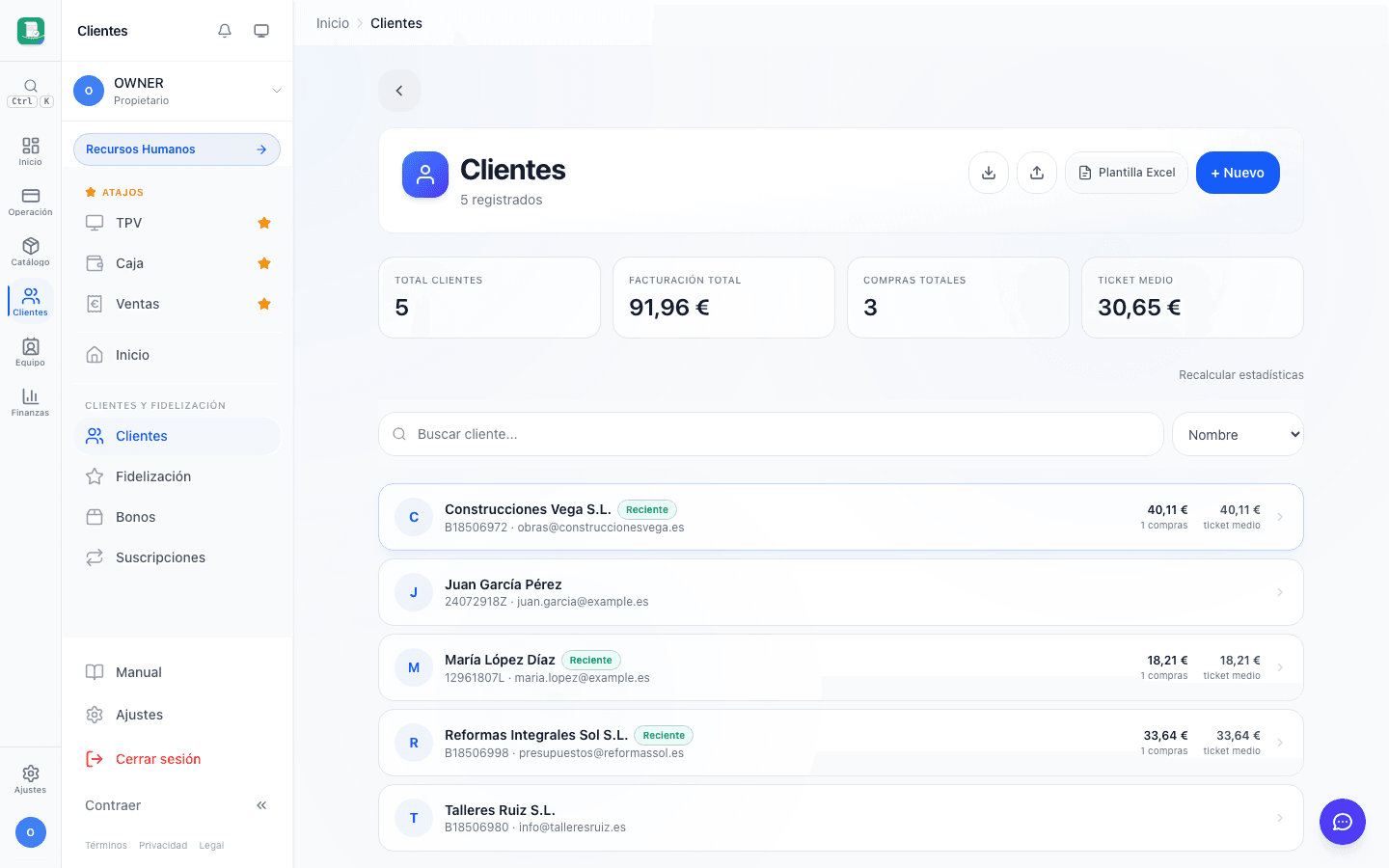 Base de datos de clientes en FactuTPV con historial de compras