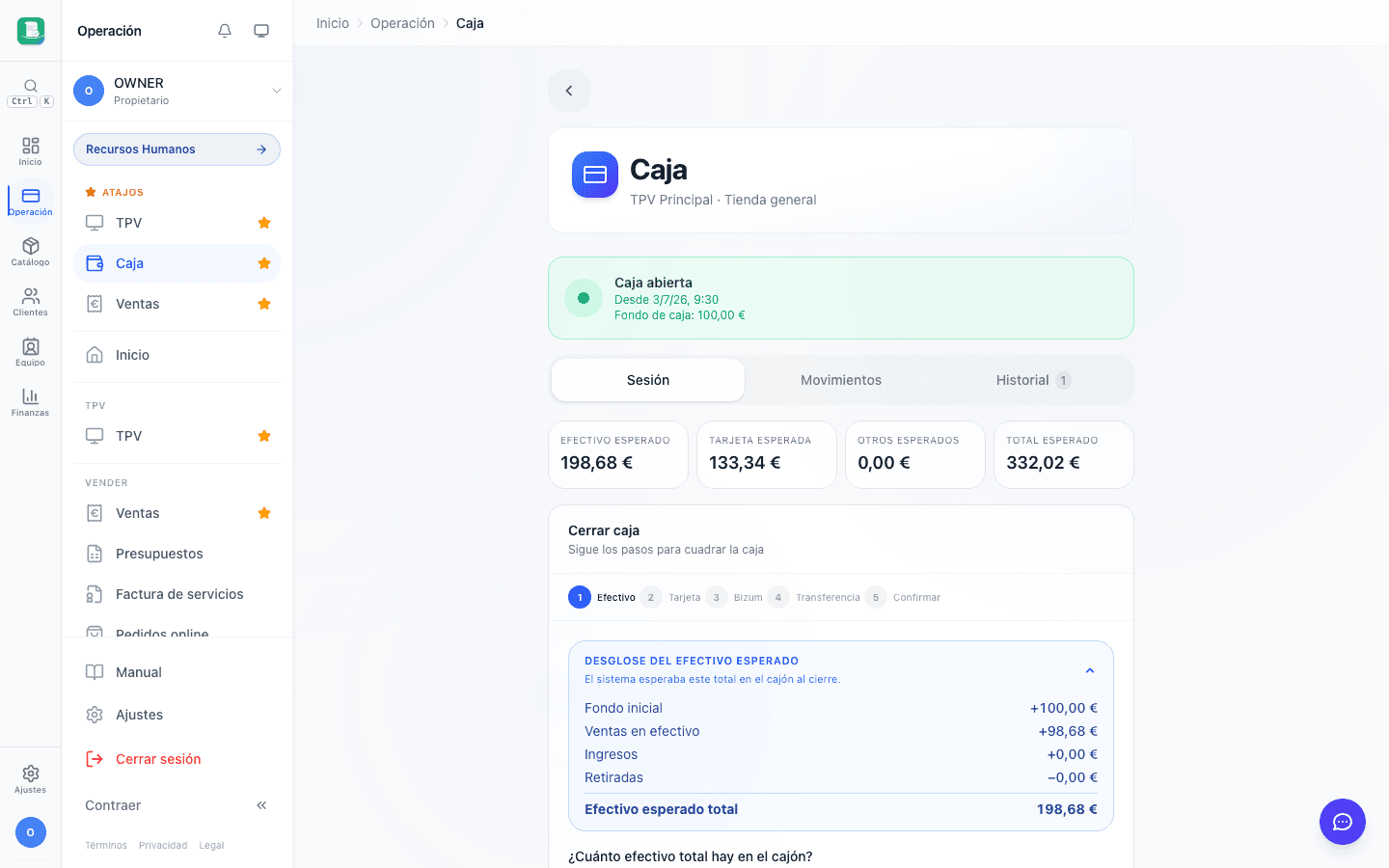 Gestión de caja con sesión abierta