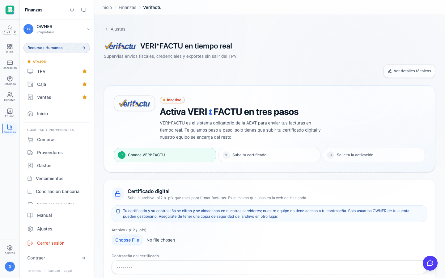 Panel VeriFactu con cadena de hashes