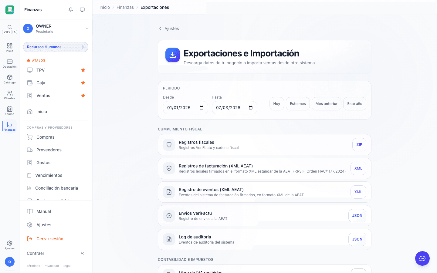 Pantalla de exportaciones