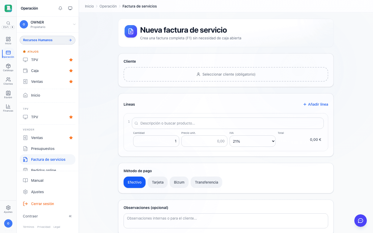 Factura de servicio para autónomo con retención de IRPF en FactuTPV