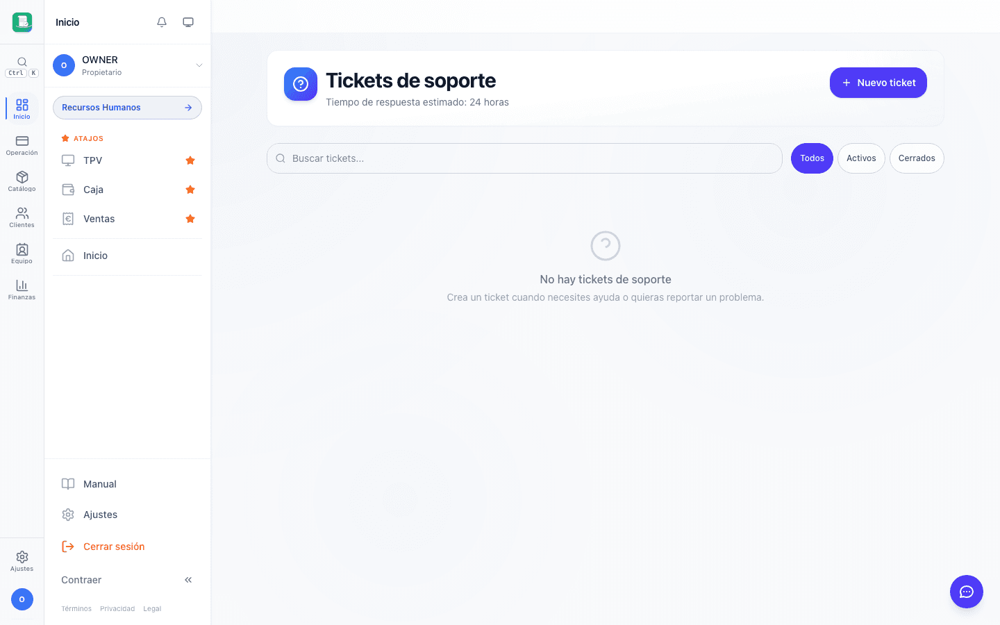 Pantalla de soporte técnico