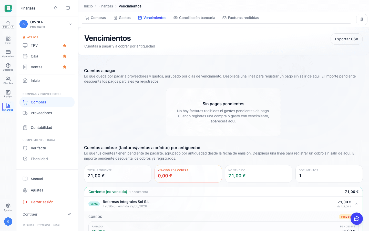 Presupuestos, señales y cobros pendientes: Cuenta a cobrar de 71,00 €