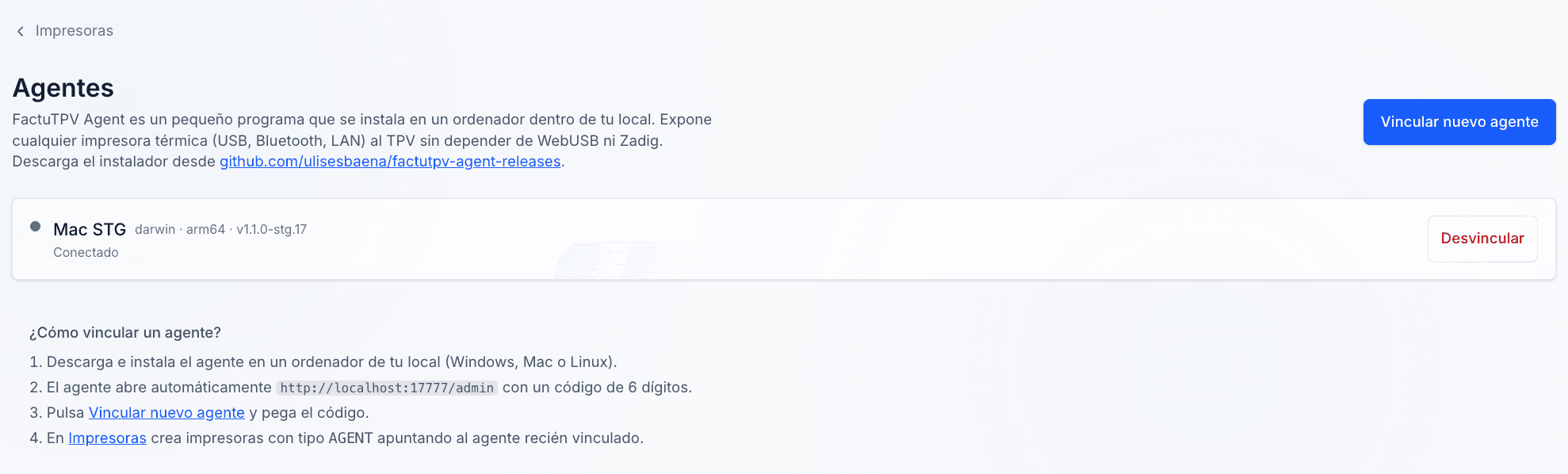 Lista de agentes vinculados en Ajustes → Impresoras → Agentes mostrando 'Mac STG' darwin arm64 v1.1.0-stg.17 conectado en verde