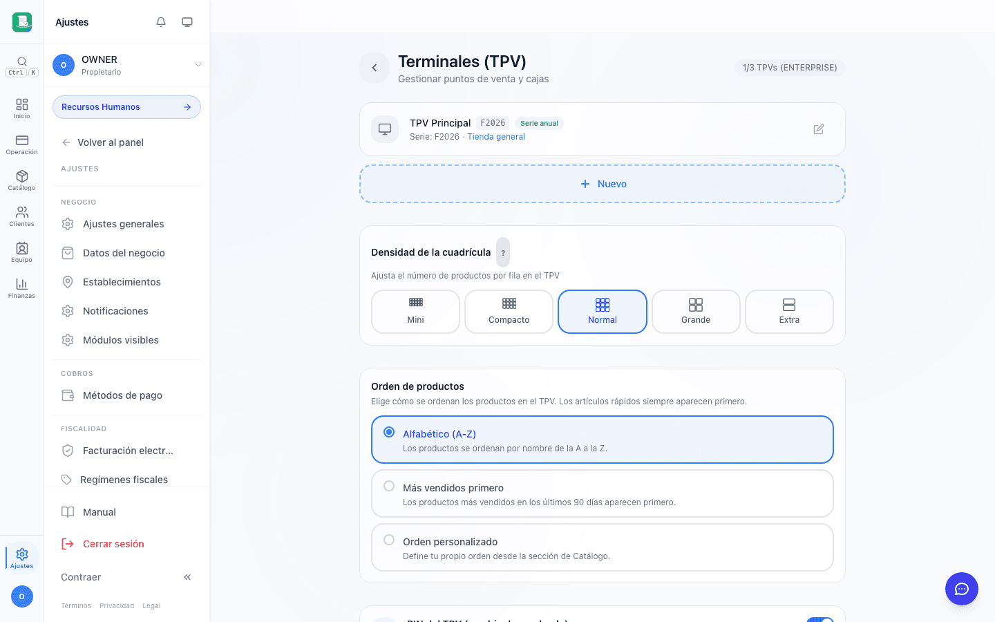 Selector de impresora en terminal TPV